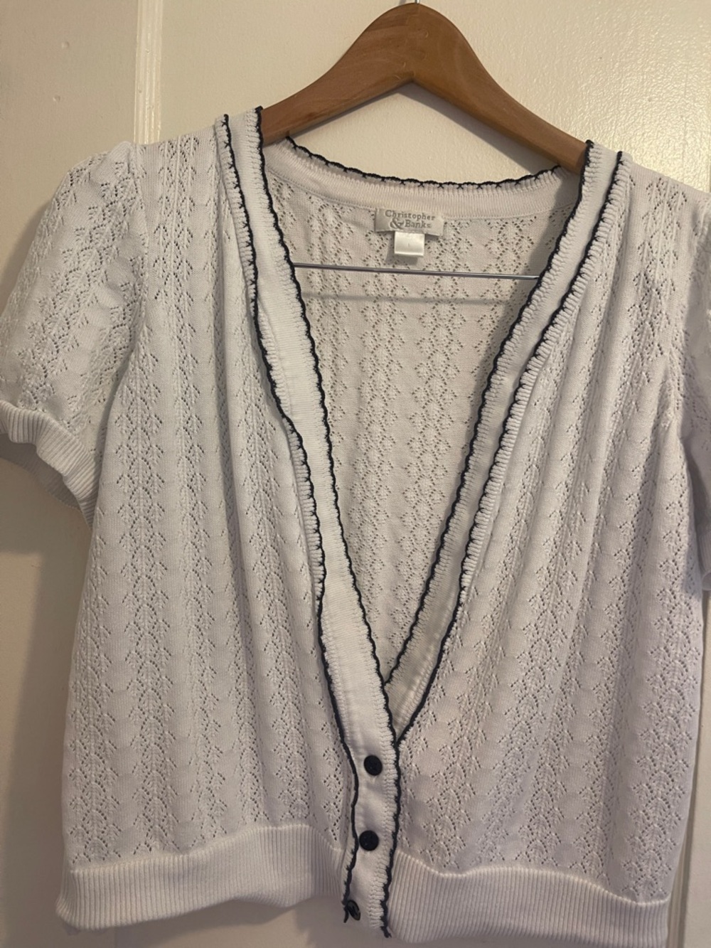 Christopher & Banks White Knit Short-Sleeve Cardigan with Black Piping (item 57)